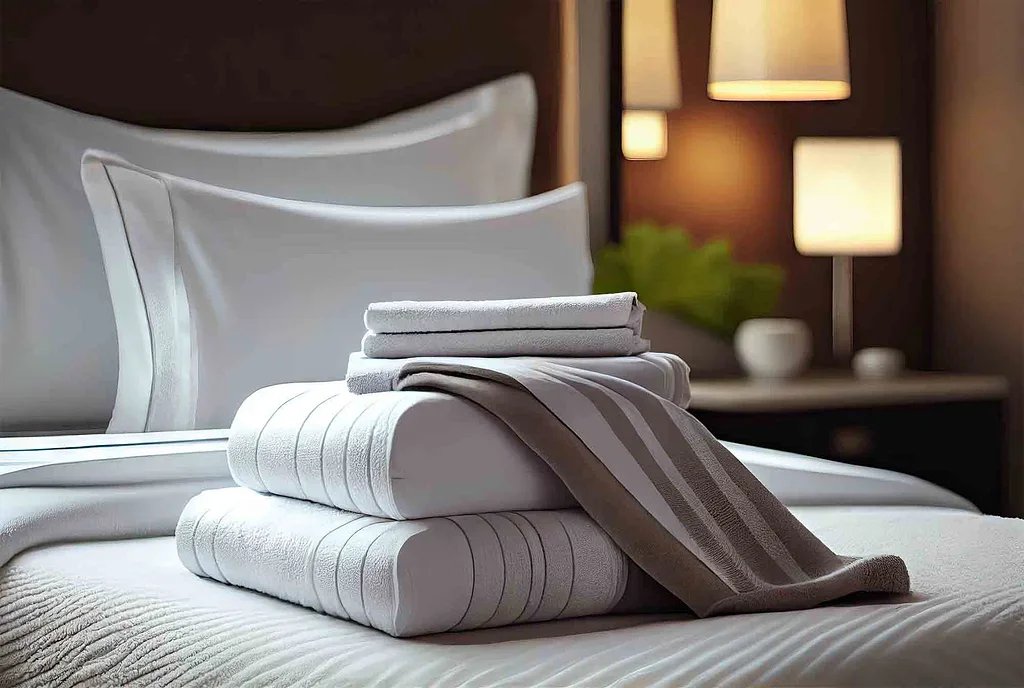 Stacked white towels and linens on a neatly made bed in a hotel room