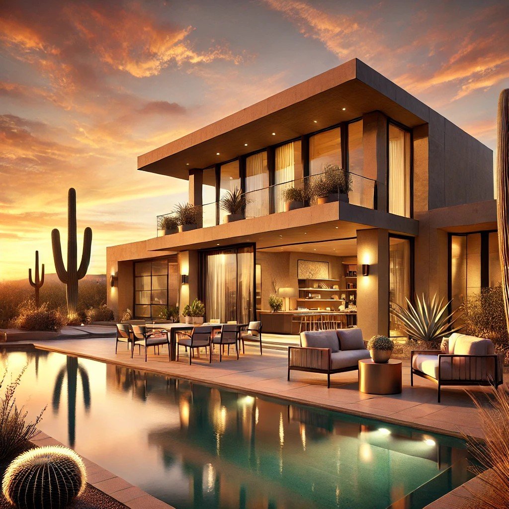 A luxurious, modern desert home in Scottsdale at sunset