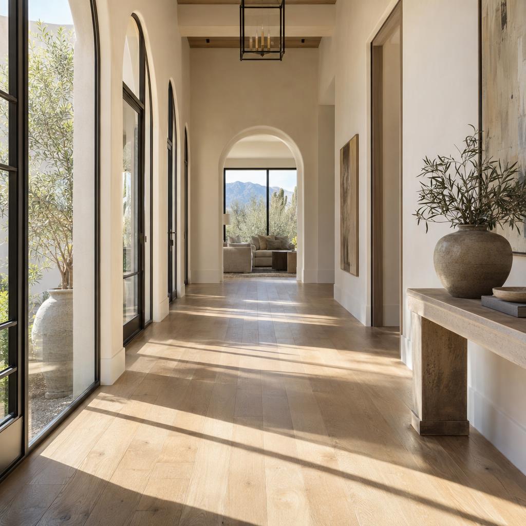 A sunlit hallway with gleaming wide-plank oak hardwood floors in a luxury Scottsdale home