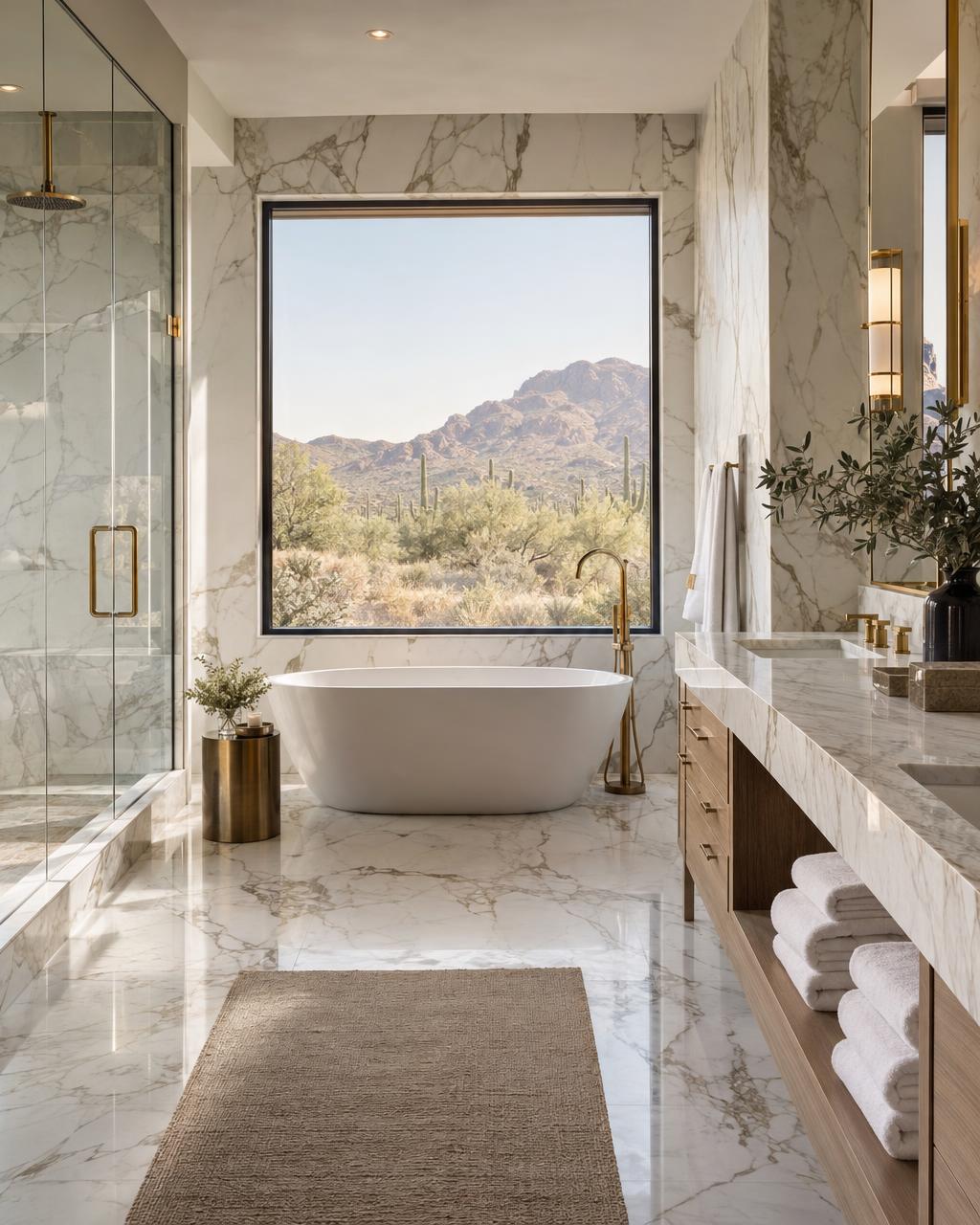 A gleaming marble primary bathroom with a freestanding tub and brass fixtures in a Scottsdale home