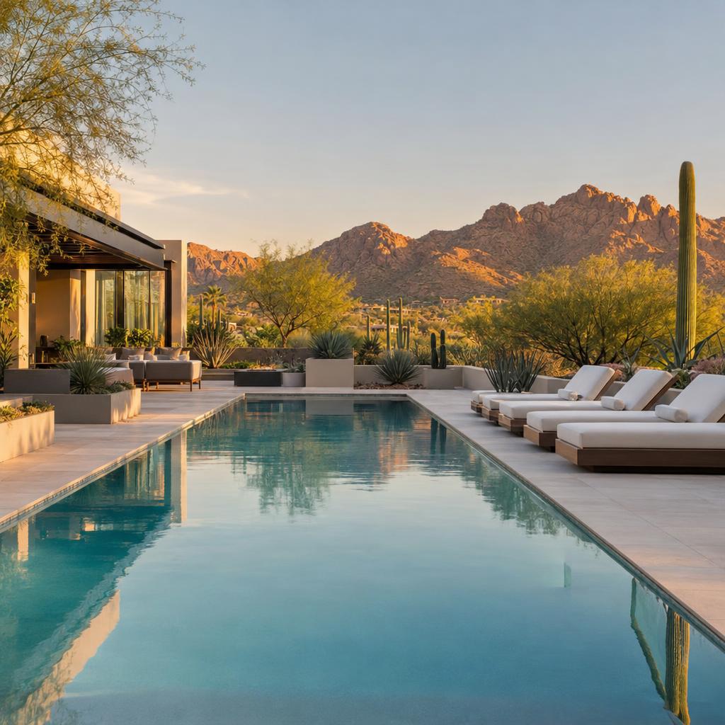 A resort-style pool with white loungers at a Scottsdale vacation home at golden hour